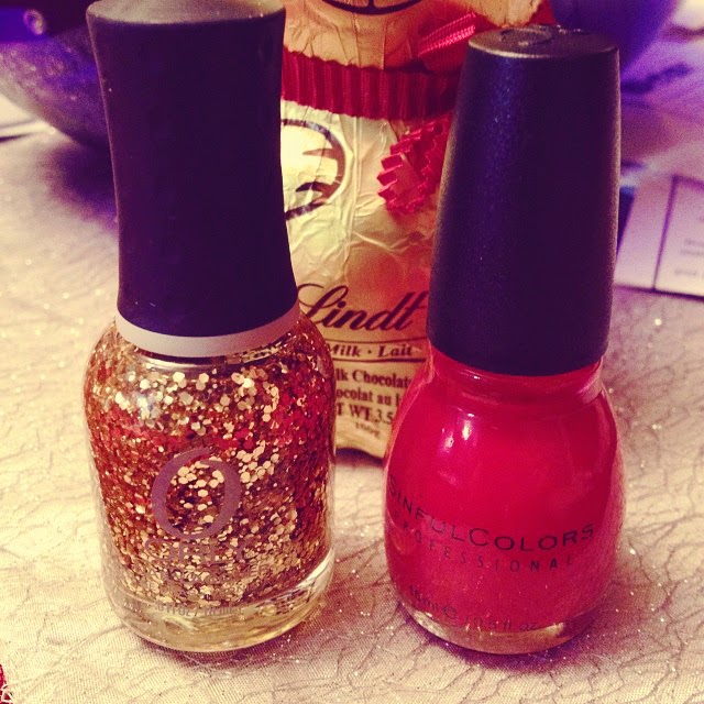Nails: Red and Gold Hex Sparkles